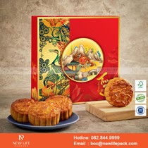 Hộp trung thu 4 bánh Vuông 02 - Nắp liền đáy - Giấy Couche bồi carton 3 lớp sóng E