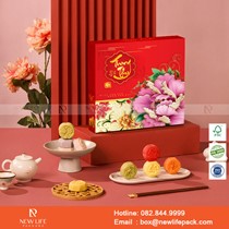 Hộp trung thu 4 bánh Vuông 02 - Nắp liền đáy - Giấy Couche bồi carton 3 lớp sóng E