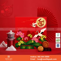 Hộp trung thu 4 bánh Vuông 04 - Nắp liền đáy - Giấy Couche bồi carton 3 lớp sóng E